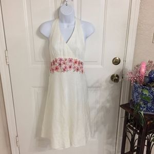 Ann Taylor White Linen Embroidered Halter Dress
